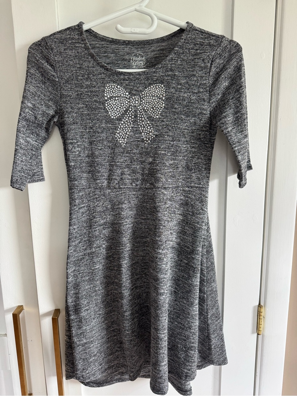 Faded Glory Gray Knit Dress with Rhinestone Bow